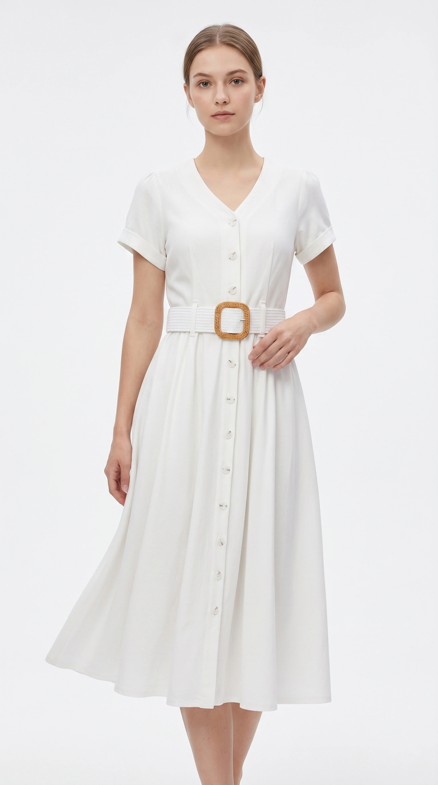 AI fashion campaign with a model in a white dress